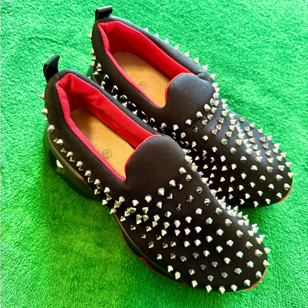 Studded Black and Red Slip-On Sneakers